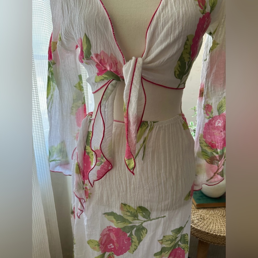 Elan Sheer Two Piece Floral swimsuit coverup with Pink and Green Accents